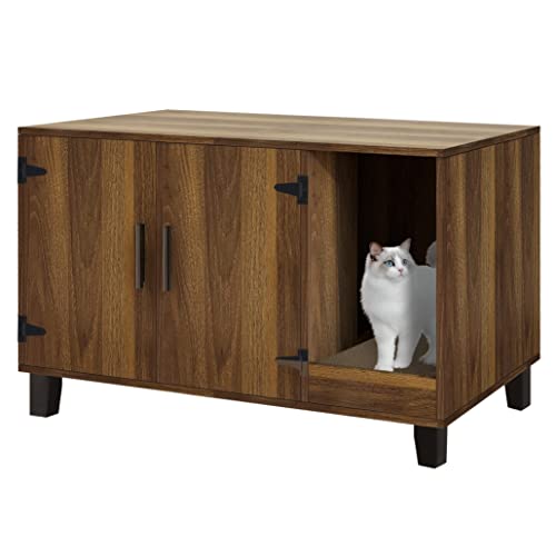 TaoHFE Litter Box Enclosure Cat Litter Box Furniture Hidden With Cat Scratch Pad Decorative Farmhouse Wooden Hidden Litter Box Cat House Litterbox Furniture Cat Box Furniture Litter Box Cabinet,Walnut TaoHFE