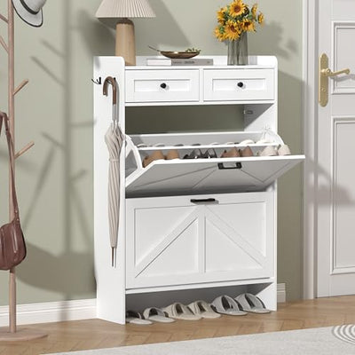 Thacuok Shoe Cabinet with 2 Flip Drawers & 2 Storage Drawers, Rustic Farmhouse Narrow Shoe Organizer Cabinet, Slim Shoe Rack Cabinet, Shoe Storage Cabinet for Entryway, Hallway, Front Door