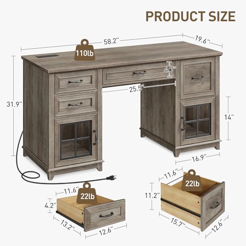 RALGEND 58" Farmhouse Executive Desk with Drawers, LED Light, Computer Desk with Drawers and File Cabinet, Wooden Home Office Desk with Charging Station, Workspace for Writing, Greige RALGEND
