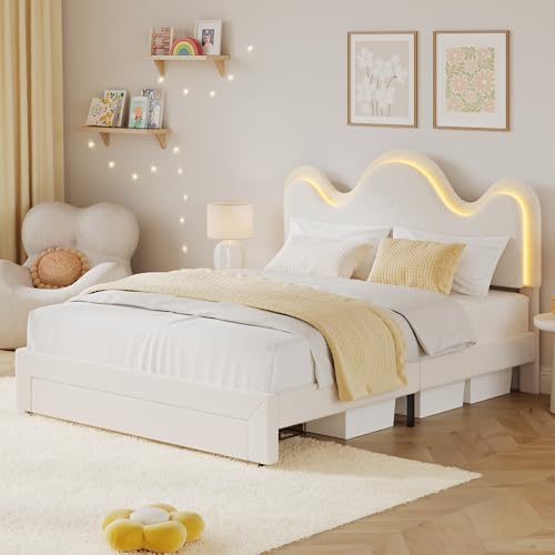 IDEALHOUSE Full Bed Frame with LED Headboard and Under-Bed Drawer, Metal Upholstered Platform Bed with LED Light for Kids, Girls, Lamb Fleece Fabric, Wooden Slats Support, No Box Spring Needed, White IDEALHOUSE