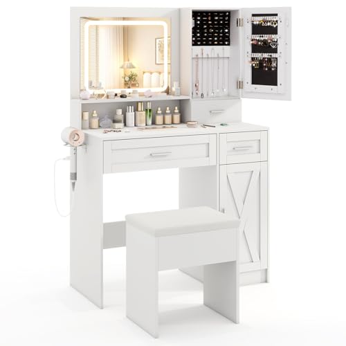 LOKO Farmhouse Vanity Set with Mirror & Lights, Dressing Table and Chair Set with 3 Lighting Modes & Adjustable Brightness, Charging Station & Hair Dryer Holder, Jewelry Cabinet, for Bedroom LOKO