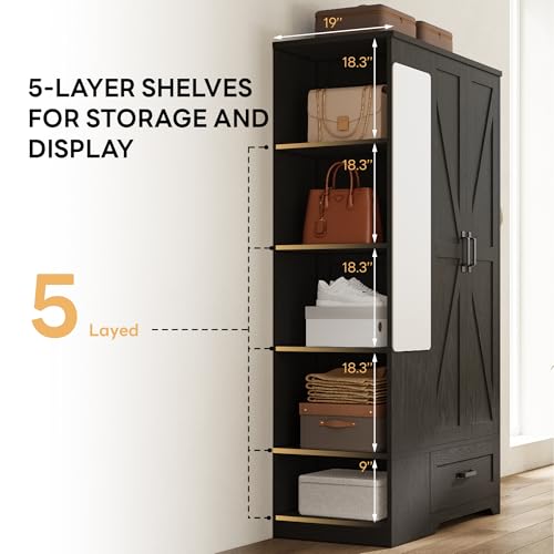 LIKIMIO Armoire Wardrobe Closet 70 Inches, Large Storage with Mirror, 2 Doors, Drawer, and Shelves, Modern Bedroom Freestanding Wooden Wardrobe Combination with Hanging Rail, Black LIKIMIO