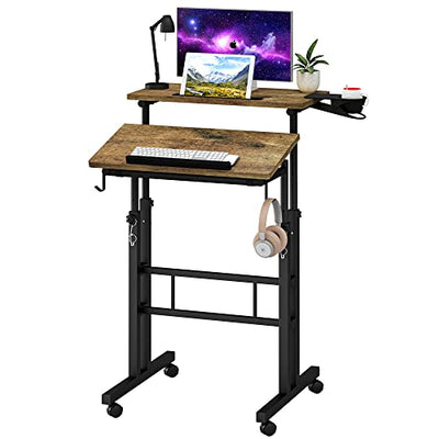 Klvied Rolling Mobile Desk with Cup Holder, Portable, Adjustable Height Small Stand up Desk on Wheels for Home Office Laptop Cart, Computer, Standing or Sitting,Oak