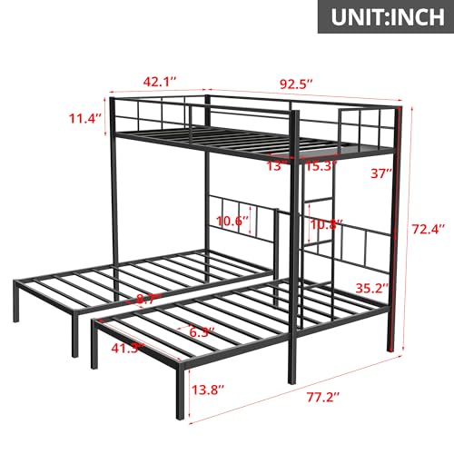 TURRIDU Metal Triple Bunk Bed for 3, Twin Over Twin Over Twin Bunk Beds with Built-in Ladders, Separates into 3 Twin Beds for Teens, Adults, No Box Spring Needed, Black TURRIDU