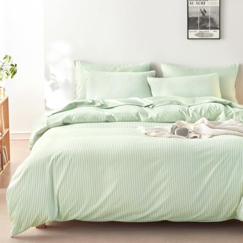Wake In Cloud - Striped Comforter Set, Ticking Stripe Vertical Pinstripe Neutral Farmhouse Pattern Printed, Soft Lightweight Bedding, 3 Pieces, Sage Green, Twin/Twin XL Size Wake In Cloud