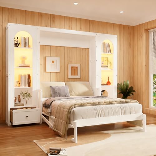 LUMISOL Queen Size Vertical Murphy Bed with Desk, Wood Queen Wall Bed Cabinet Bed with Storage Drawers & Shelves and LED Lights for Guest Room, Bedroom, White LUMISOL