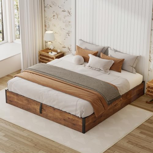 LUXOAK Queen Size Lift Up Storage Platform Bed Frame, Metal Bed Frame with Wooden Slats Support, No Box Spring Needed, Large Storage Space, Noise Free, Easy Assembly, Rustic Brown LUXOAK