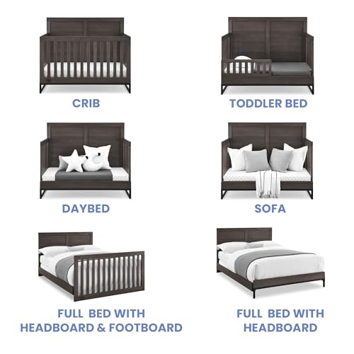 Simmons Kids Foundry 6-in-1 Convertible Baby Crib, Rustic Grey with Matte Black Delta Children