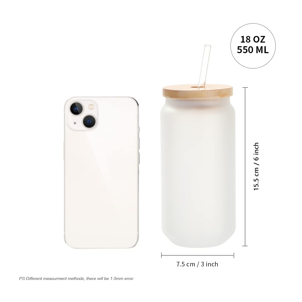 PYD Life Sublimation Glass Cans Blanks Frosted 18 OZ with Bamboo Lid and Clear Glass Straw Beer Cans Wide Mouth Jar Tumbler Cups Mugs for Iced Coffee,Juice,Soda,Drinks,Beer PYD Life