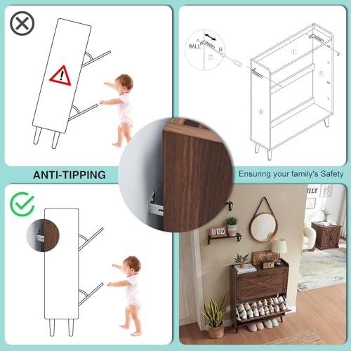 Barnyatoh Shoe Storage Cabinet,Farmhouse Shoe Organizer with 2 Flip Drawers & Barn Door Design,Freestanding Hidden Slim Narrow Shoe Rack Cabinet for Entryway,Foyer,Hallway,Walnut Barnyatoh