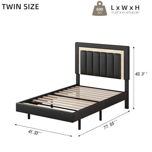 HOMBCK Floating Bed Frame Twin with Smart LED Lights, Faux Leather Upholstered Platform Bed with Diamond Headboard, No Box Spring Needed, Noise Free, Easy Assembly, Black HOMBCK
