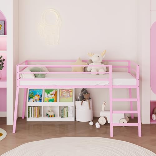 Lutown-Teen 43 inch High Metal Twin XL Loft Bed with Stairs and Guardrail for Juniors, Space Saving Loft Bed for Small Bedroom, Pink Lutown-Teen