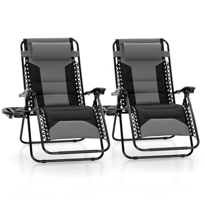 MFSTUDIO Padded Zero Gravity Chair Set of 2, Folding Patio Lounge Recliner with Adjustable Pillows & Cup Holder for Poolside Backyard, Support 400lbs(Grey)