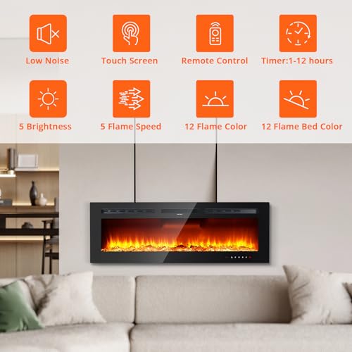 50 in Electric Fireplace Inserts - 1500/750W Ultra Narrow Frame Wall Mounted Fireplaces with 3 Heating Modes - 12 Flame Colors, Remote Control/Timer, Touch Screen, Low Noise EliteEdge
