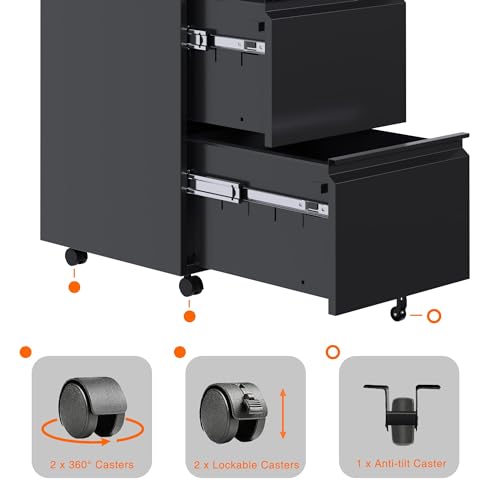 Aobabo Metal 2 Drawer Mobile File Cabinet with Lock, Under Desk Office Steel Filing Cabinet, 25.6''H Legal/Letter Size Files Storage Cabinet,Black,Fully Assembled Aobabo