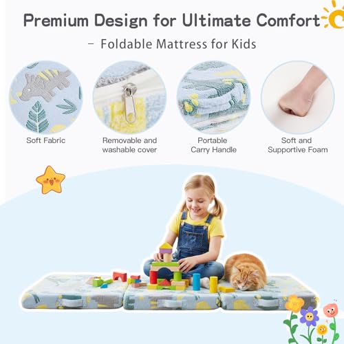 Tiita Foldable Floor Mattress for Kids-Glow in The Dark Toddler Nap Mat with Storage Bag, Portable Toddler Floor Futon for Travel, Daycare, Camping, RV, Playroom, Green Dinosaur Tiita