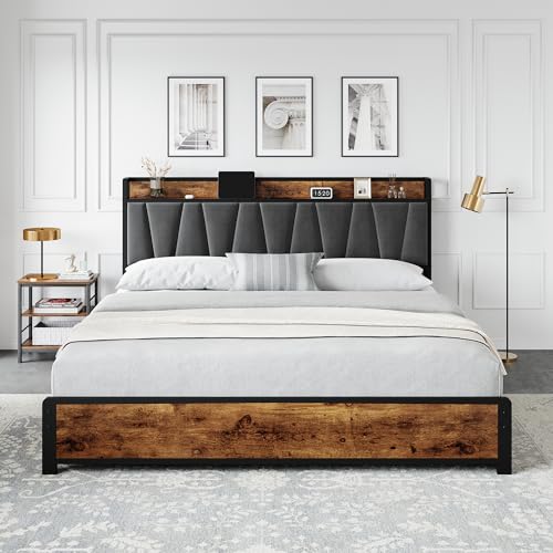 GarveeHome King Size Bed Frame with 4 Storage Drawers, Upholstered Storage Charging Headboard, Heavy Duty Metal Platform Bed Frame, Noise Free, No Box Spring Needed, Rustic Brown GarveeHome