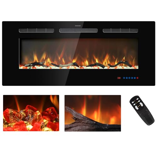 Kentsky 42 inches Electric Fireplace Inserts, Recessed and Wall Mounted Fireplace Heater, Linear Fireplace w/Thermostat, Remote & Touch Screen, Multicolor Flame, Timer, Logs & Crystal, 750W/1500W Kentsky