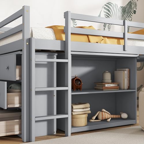 Ball & Cast Twin Loft Bed with Drawer Cabinet and Pulling -Out Desk,Rubber Wood Bed Frame w/Safety Guardrail & Ladder,Space-Saving Furniture for Girls Boys Student Dorms,Grey Ball & Cast