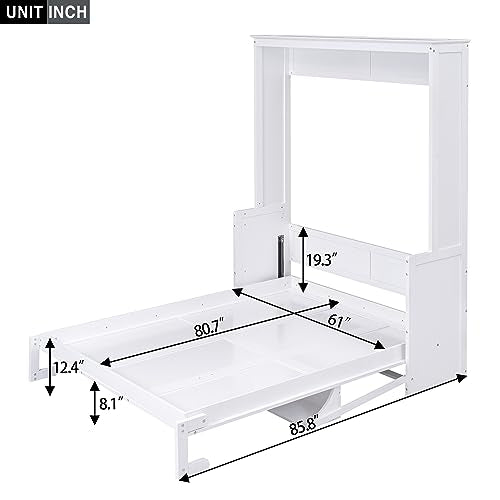 FAVSH Queen Size Murphy Bed with Shelf, Modern Solid Pine Wood Wall Bed, Space-Saving Hidden Bed,Fold-The-Way Bed for Bedroom,No Box Spring Needed,White FAVSH