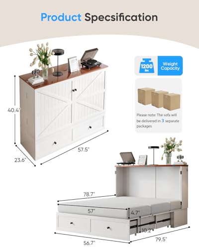 ADOWORE Full Size Murphy Bed with Mattress Included, Cabinet Bed with Charging Station & Large Storage Drawer, Hideaway Full Foldable Platform Bed for Home Office or Guest Bedroom, Living Room,White ADOWORE