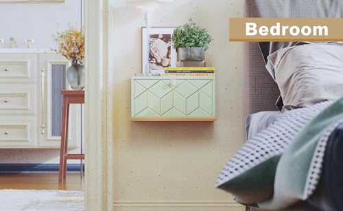 HLR Floating Nightstand, Small Nightstand with Flap Door, Morden Wall Mounted Nightstand for Bedrooms, Green HLR