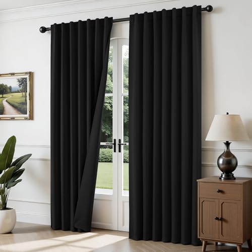 Joydeco Blackout Curtains for Bedroom, Black out curtains 96 inch long 2 Panels, Long Black Drapes with Rod Pocket Back Tab, Room Darkening Noise Reducing & Wrinkle-Free Drapes for Living Room Windows Joydeco