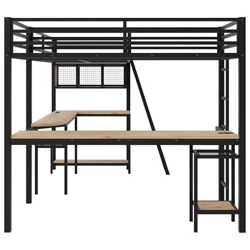 XD Designs L-Shaped Loft Bed Twin Size with 2 Built-in Desks and Storage Shelves, Metal Gaming Loft Bed with LED and Charging Station for 2 Kids Teens Boys Girls XD Designs