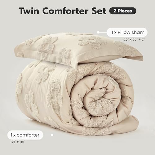 Joiedomi Tufted Twin Comforter Set, 2 Pieces Beige Boho Twin Bedding Set with 1 Boho Flower Comforter and 1 Pillow Sham, Bed in a Bag for All Seasons Joiedomi