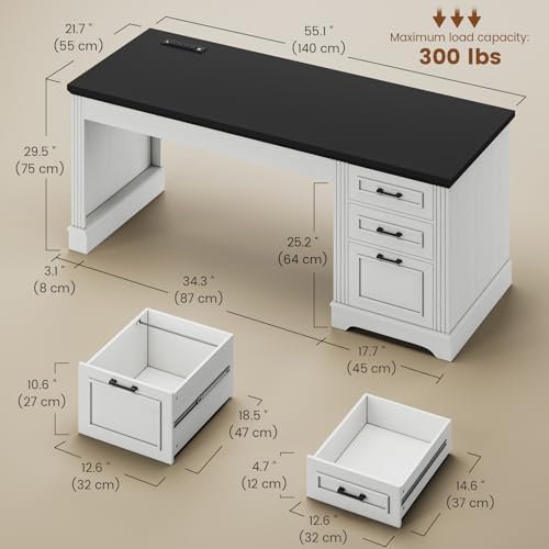 Itaar Farmhouse 55" Executive Desk, Computer Desk with Storage Drawers and Power Outlet, Home Office Desk, Workstation for Office Home, White Itaar