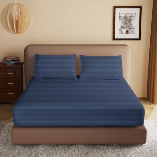 100% Egyptian Cotton Fitted Sheet Twin Size, 600 Thread Count, Single Fitted Sheet Only,8”-16" Deep Pocket Sheet, Soft & Elastic Sateen Weave Bottom Sheet for Home(Navy Blue-Stripe, Twin) Zaizaihome