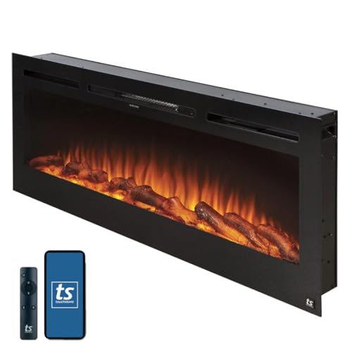 Touchstone Smart Electric Fireplace-The Sideline 50 Inch Wide-in Wall Recessed-30 Realistic Ember Color/Flame Options-1500W Heater w/Thermostat-Black- Log & Crystal Hearth Options -Alexa/WiFi Enabled Touchstone