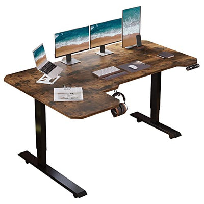 BUNOEM L-Shaped 59" Height Adjustable Electric Standing Desk, Sit and Stand Up Home Office Computer Desk with Splice Board (Rustic Brown Top, Black Frame)