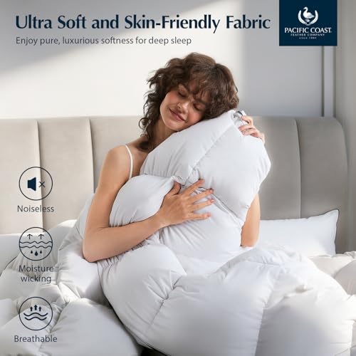 Pacific Coast Luxury White Goose Feather and Down Fiber Comforter Twin Size, All Season Fluffy Hotel Bedding Comforters, Ultra-Soft & Breathable Fabric Duvet Insert Twin with 8 Tabs, 68x90 Inch White Pacific Coast