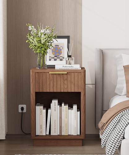 Akxomel Fluted Nightstand, Wooden Night Stand with Charging Station and LED Light, Modern Mid Century End Table with Drawer, 15" D x 15.7" W x 22.6" H, for Bedroom, Walnut Akxomel