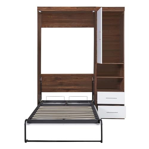 Twin Murphy Bed Space-Saving Wall Bed with Cabinet, Drawers and Storage Shelves for Multipurpose Guest Room or Home Office Merax