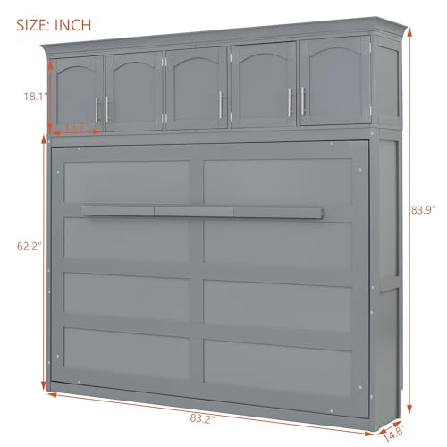 Merax Modern Murphy Cabinet Bed with Top Cabinets, Solid Wood Wall Platform Bed/No Box Spring Needed/Easy Assemble Full,Gray Merax
