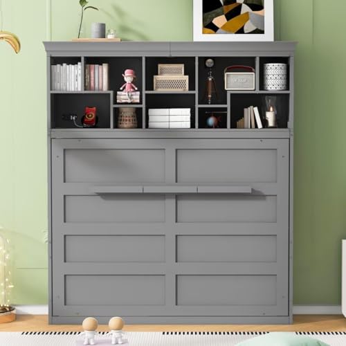 MERITLINE Queen Horizontal Murphy Bed Cabinet with Storage Bookcase Shelves and Charging Station,Wood Folding Grey Murphy Wall Bed for Adult MERITLINE