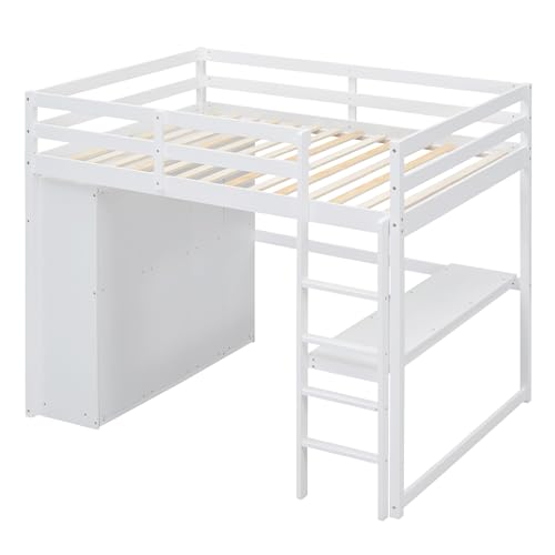 Full Size Loft Bed Frame with Built-in Wardrobe, Desk, Storage Shelves and Drawers, Wood Slat Support Merax