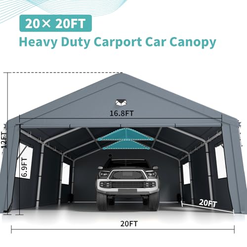2 Car Carports Heavy Duty 20X20,Carport Canopy,Car Port with 180G Removable Side Walls,Portable Car Port Garage,Car Shelter All Weather,Gray Sannwsg