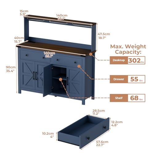 VVFLU Hutch Storage Buffet Cabinet with Drawers, and Charging Station, Coffee Bar Cabinet with Barn Doors, Wine Rack and Hooks, Blue Wood Sideboard Buffet for Kitchen, Dining Room, 54.1" High VVFLU