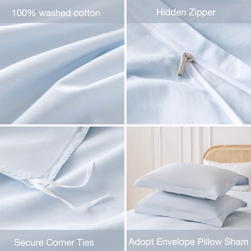 Yibeizi Light Blue 100% Washed Cotton Linen Like Duvet Cover Set Full Size, 3 Pieces, 1 Duvet Cover 80x90 Inches and 2 Pillow Shams, Soft Breathable Comforter Covers Zipper Closure Yibeizi