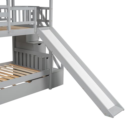 Ball & Cast Bunk Bed Twin Over Twin,House Bunk Bed with Trundle and Slide,Storage Staircase, Roof and Window Design, Full Length Guardrail,Suitable for Boys Girls Bedroom,Gray Ball & Cast