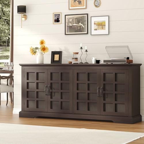 VVFLU 70" Sideboard Buffet Cabinet with Storage, Coffee Bar Cabinet with and 4 Doors, Long Wider Storage Cabinet Modern Farmhouse, Brown Wood, for Kitchen, Dining Room, Living Room VVFLU