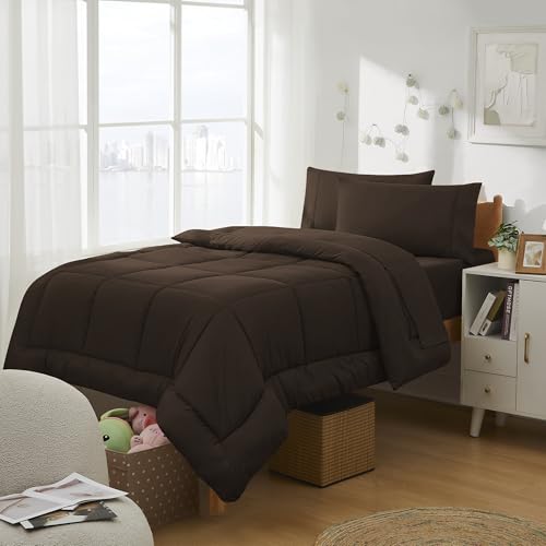 Dorm Room Essentials College Bedding Comforter Set 5 Piece Twin Size Bed in a Bag for College Students Boys and Girls, Twin, Chocolate Brown Sweet Home Collection