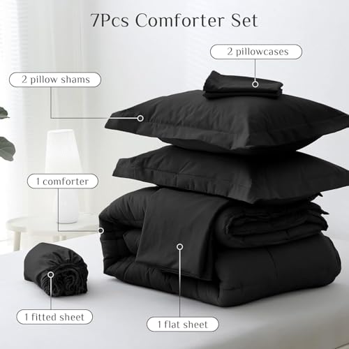 JOLLYVOGUE King Comforter Set, Ultra-Soft Bed in a Bag King Size 7 Pieces, Oeko-TEX Certified Bedding Set with Down Alternative Comforter, Sheets, Pillowcases & Shams, Black JOLLYVOGUE