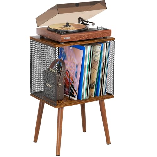 X-cosrack Record Player Stand with Storage up to 100 Albums, Vinyl Record Holder with Adjustable Divider, Retro Record Player Table Turntable Stand, Book/LP Vinyl Shelf End Table for Living Room X-cosrack