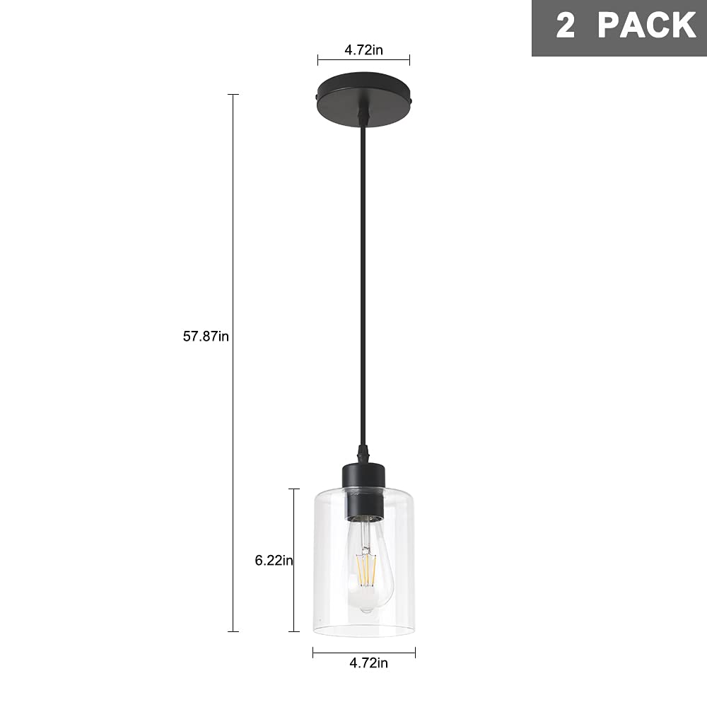 KLSS Modern Black Farmhouse Clear Glass Cylinder Pendant Light Fixture,Island Lights for Kitchen,Mini Pendant Lighting for Kitchen Island Decor - 4.75 Inch Shade 58 Inch Cord (Black 2 Pack) KLSS