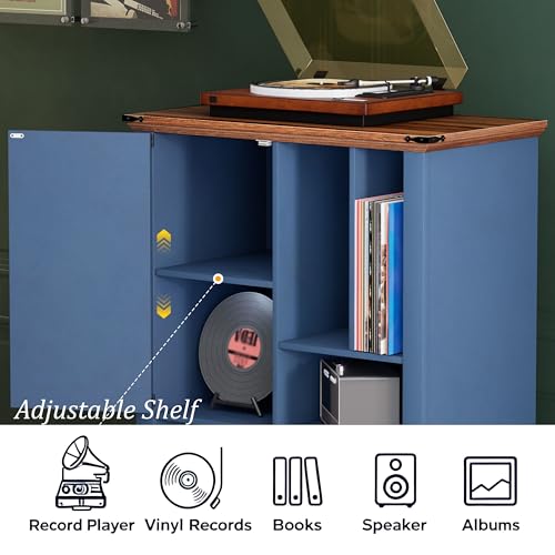 Maupvit Large Record Player Stand, 47" Farmhouse Navy Blue Vinyl Record Storage Cabinet with Barn Doors, Mid-Century Freestanding Rustic Wood Turntable Stand Maupvit