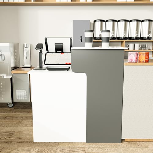 HPLWYM L Shaped Reception Desk with Lockable Drawer, Small Front Desk, Office Reception Room Table, Checkout Retail Counter for Office Lobby Cafe Salon (White+Grey, 39.4"(L) x23.6(W) x39.4(H)) HPLWYM
